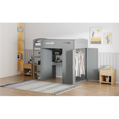 Lit mezzanine avec bureau, garde-robes, 4 tiroirs et 4 tablettes