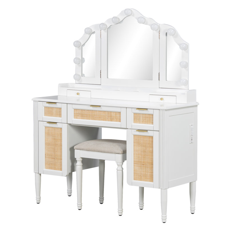 White Makeup Vanity Desk with 13 Hollywood LED Lights, Tri-Fold Mirror, 5 Drawers, Storage Cabinets & Charging Station, White