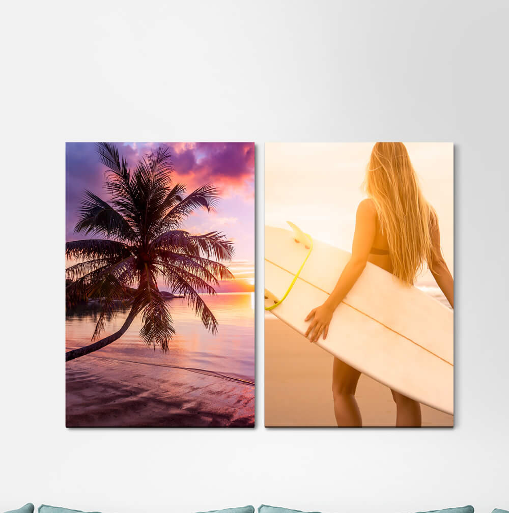 2-tlg. Leinwandbilder-Set - Fotografie „Palm Tree Dream Beach Surfboard Surfer Dream Vacation Summer Paradise”