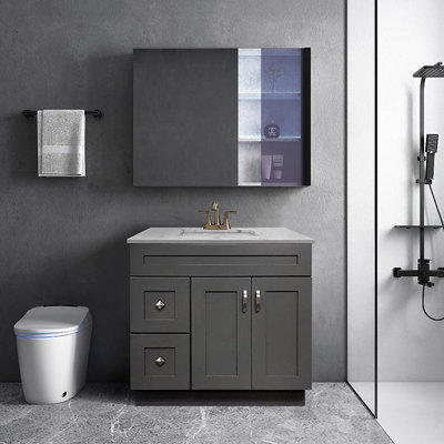 36'' Bathroom Vanity Sink Base Cabinet with Drawers in Grey Shaker