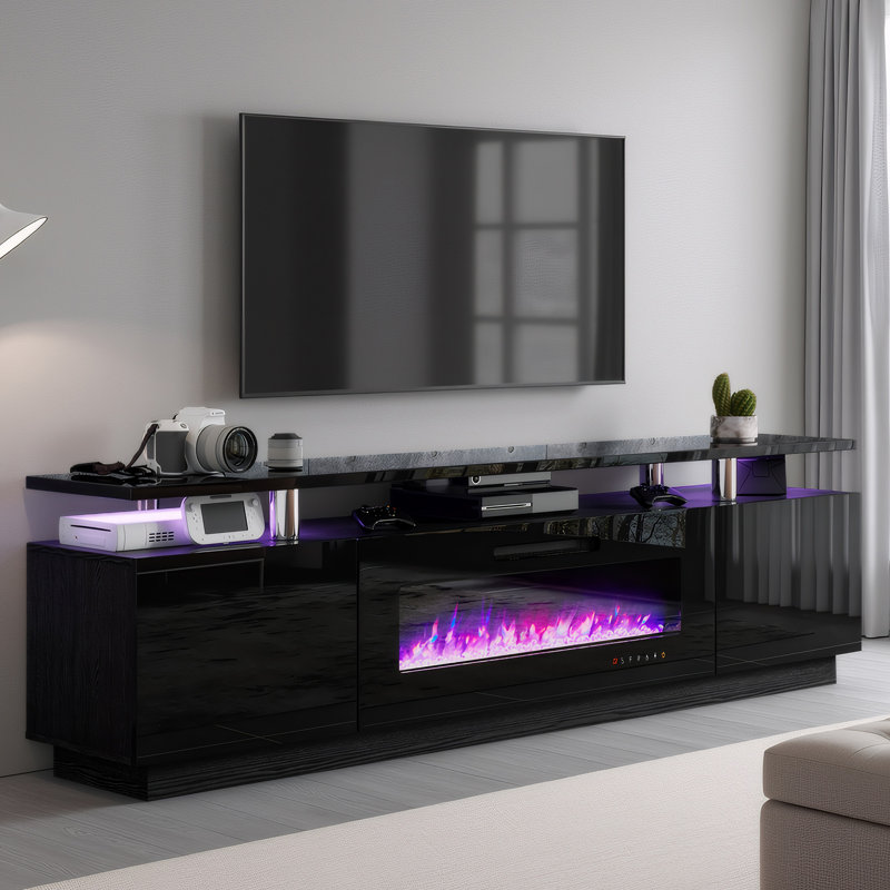 Meuble télé Bhhatu à 2 niveaux de 80 po avec foyer électrique brillant, noir, Noir, 80"