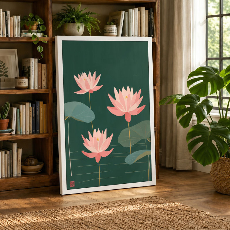 Water Lilies Botanical - Wrapped Canvas, 36x24 - 91.4 x 61.0 cm, Sage Border