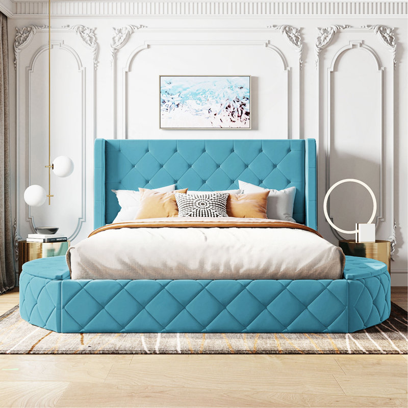 Upholstered Platform Bed Queen Size Storage Velvet Bed with Wingback Headboard and 1 Big Drawer,2 Side Storage Stool, Blue