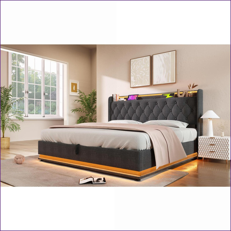 Très grand lit de rangement hydraulique en lin avec 360 ampoules DEL USB-C, chambre principale grise sans sommier