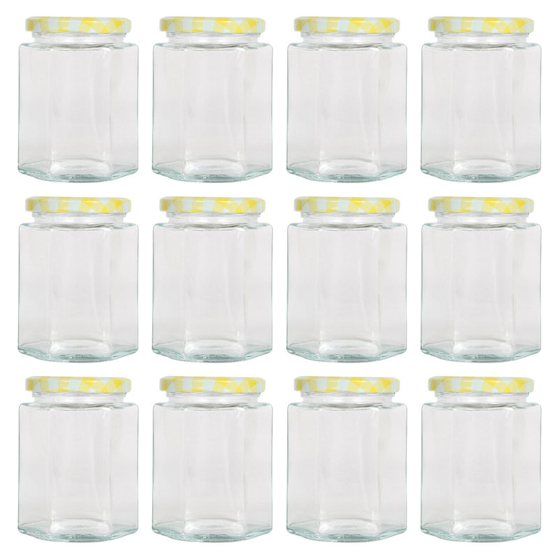 Hexagonal Glass Jam Jars with Screw-Top Metal Lids - 250ml, Yellow, 12