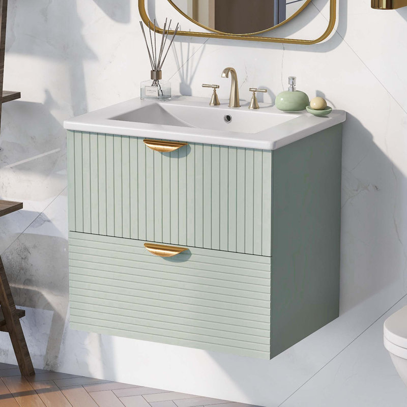 Meuble-lavabo mural moderne à 2 tiroirs, Vert