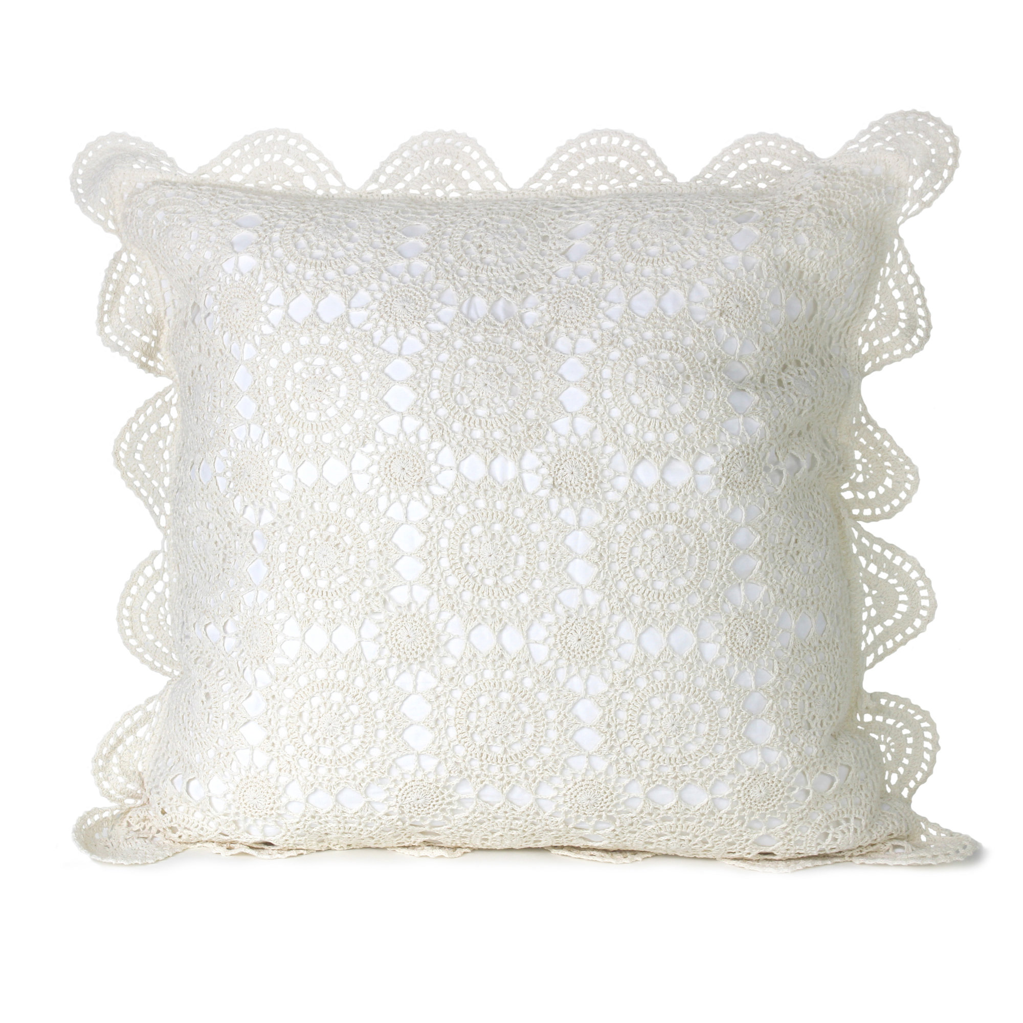 Handmade Cotton Crochet Sham and Pillowcases, Euro, Ivory