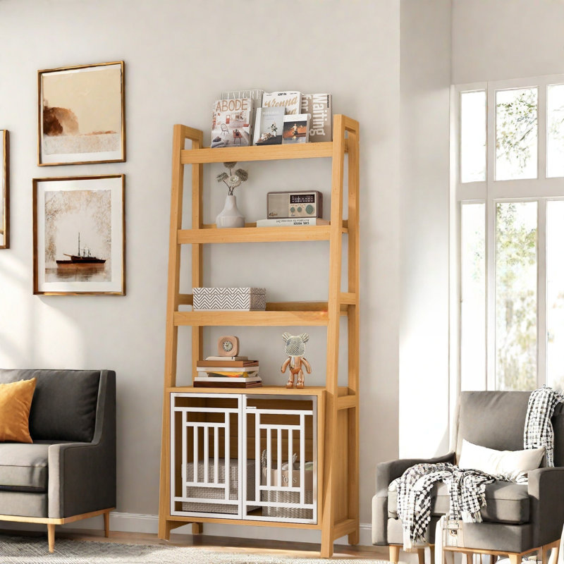 Bibliothèque de style échelle avec 3 tablettes ouvertes et portes en métal à motif géométrique
