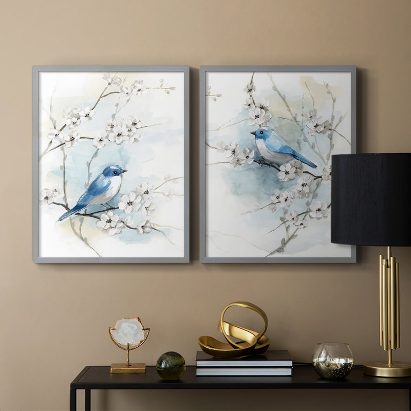 «Blossoms and Bluebird I», reproduction encadrée de qualité supérieure - prête à être accrochée - aucun clou requis - aucun clou requis