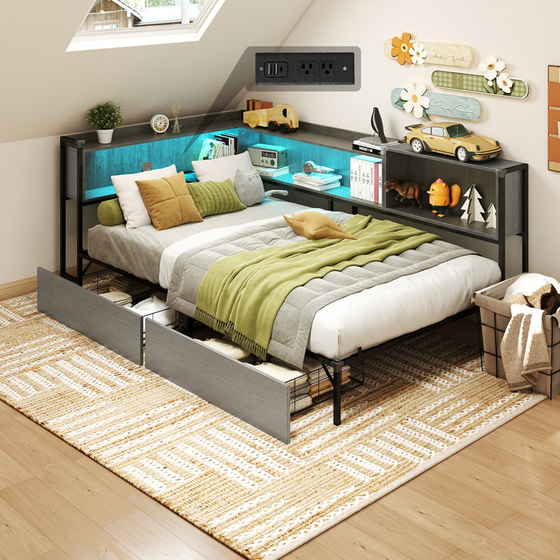 Daybed With 2 Drawers Led Corner Bed With Bookcase & Charging Station Metal Platform Bed Frame For Bedroom, Guest Room, Brown