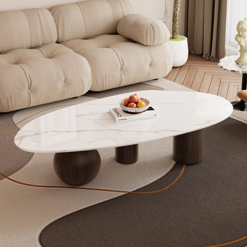 Minimalist Faux Marble Coffee Table, Luxury Irregular Design with Stainless Steel Legs for Modern Living Rooms, Brown