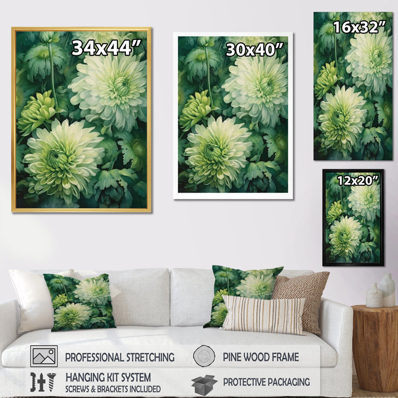 «Green Green White Chrysanthemums Melody II», reproduction sur toile, Cadre simple argenté, H 20 po x l 12 po x P 1 po