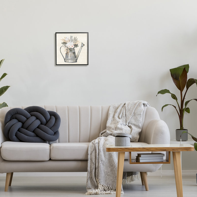 «Country Botanical Watering Can Bouquet - Floater Frame», impression sur bois, Giclée encadrée noir minuit
