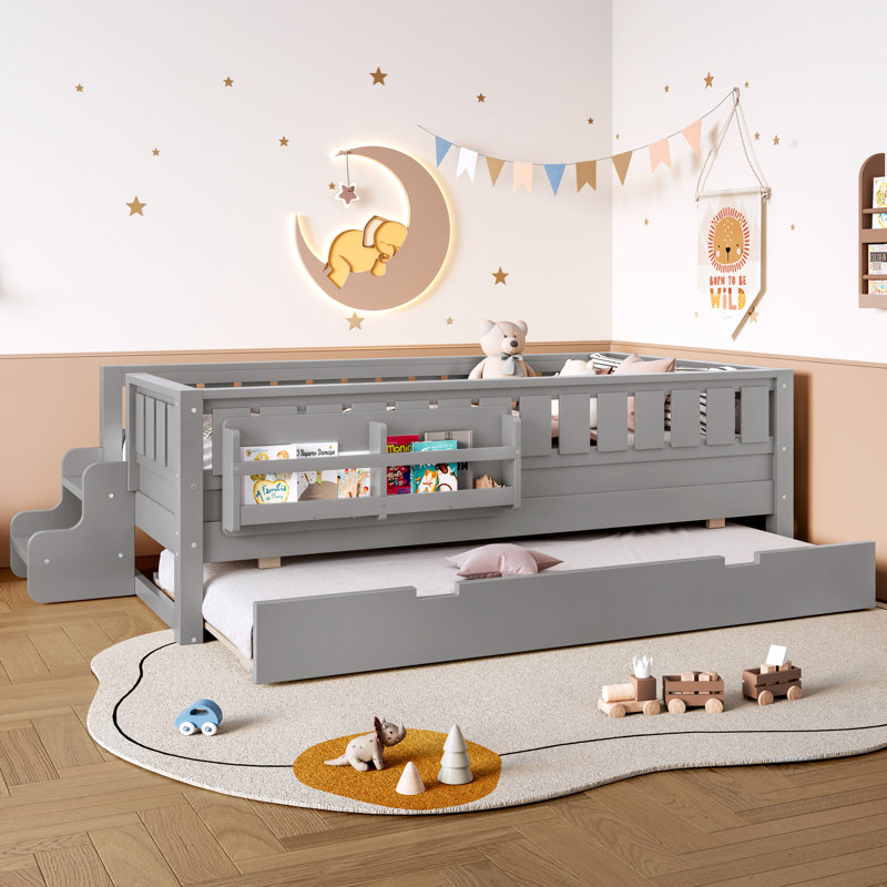 Twin Size Bed with Built-in Bookshelves, Small Staircase, High-Quality Safety Rails & Trundle, Gray, Gray, Twin