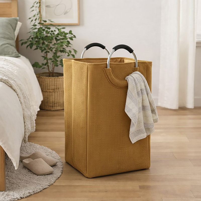 Panier à linge en velours côtelé 55L, Jaune