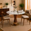Table de salle à manger de 33,5 po avec pieds en pierre frittée et en bois d'hévéa, piédestal de designer en bois d'hévéa avec décorations en osier tressé à la main et base en acier inoxydable pour la cuisine, les appartements et les bistro-242051159