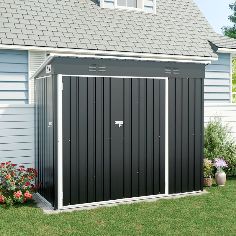 Remise de rangement extérieure en métal 4 x 8 avec 3 portes d'accès et évents pour outils de jardin, vélos, équipement de patio - noir