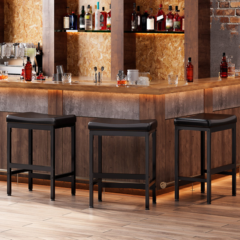 Bar Stools 15.7" Saddle Barstools with Curved Surface, PU Leather Kitchen Stool with 2" Thick Upholstery, Bar Height Stools with Footrest