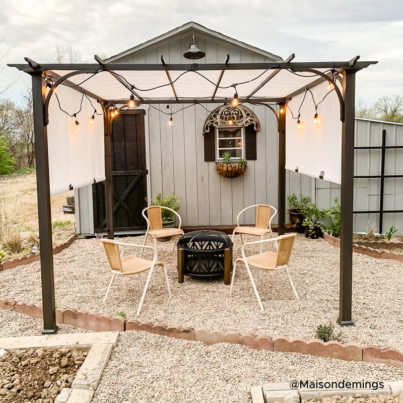 Pergola d'extérieur à cadre classique en acier brun avec abat-jour rétractable blanc pour la cour 10 pi x 10 pi SUNJoy Meadow