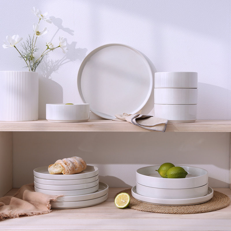Service de table 24 pièces, service de vaisselle en grès (ensemble de 8), White