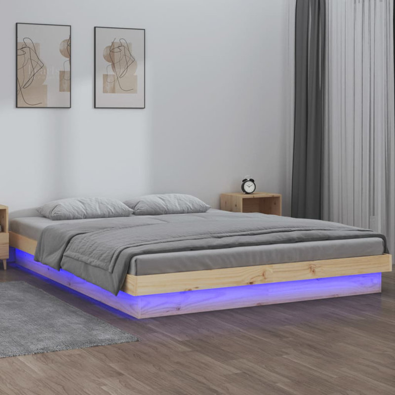 LED Bed Frame Solid Wood, Brown, 163.5 x 204cm