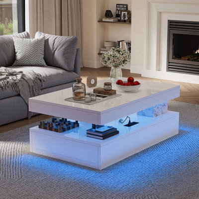 47” Coffee Table With 2 Sliding Drawers, Modern Stylish Double-Layer Centre Tables With LED Lights For Living Room