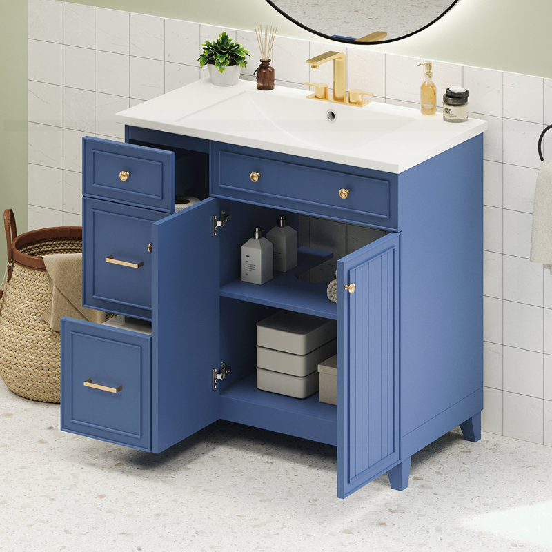 Armoire de salle de bain de style transitionnel avec lavabo en résine, Bleu
