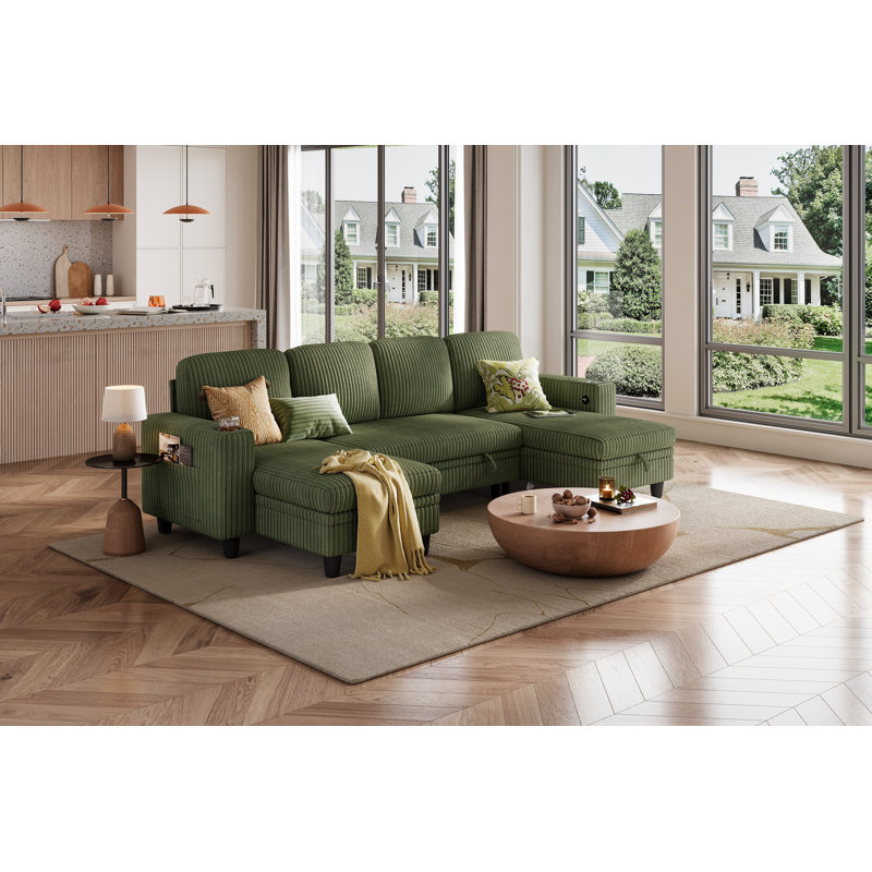 Sherry 106“  Upholstered Modular U-Shape Modular Sectional with Storage, Charging & Cup Holders, Bella Forest Green Corduroy