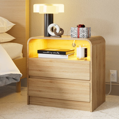 24" Modern Nightstand with LED Light & Charging Station, 2 Handleless Drawers End Table with Open Shelf, Curved Profile, Side Table for Bedroom, Living room