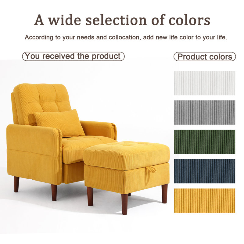 Upholstered Corduroy Armchair With Footstool, Orange