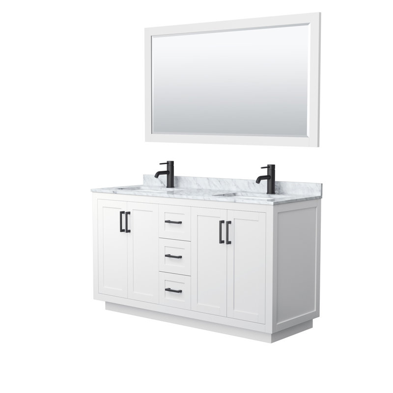 Meuble-lavabo double autoportant 60 po avec plateau en marbre Miranda, Blanc, Noir mat