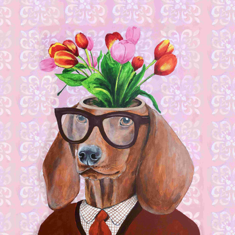 Teckel avec des fleurs - Peinture, H 12 po x l 12 po, Non, Toile tendue