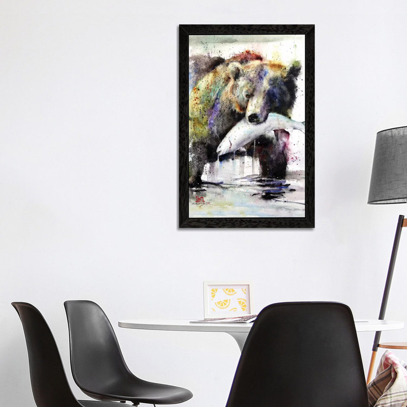 Brown Bear And Salmon by Dean Crouser - Giclee Art Print on Canvas, 101.6 cm H x 66.04 cm W, Black Floater Framed