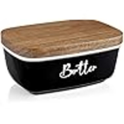 Butter Dish With Lid For Countertop, Ceramic Butter Container With Beech Wood Lid, Airtight Butter Keeper For Counter Or Fridge, For Red Kitchen Decor And Accessories