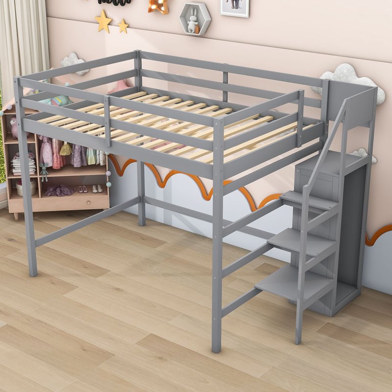 Kewal Space-Saving Full Size Loft Bed With Built-In Wardrobe And Staircase, Gray