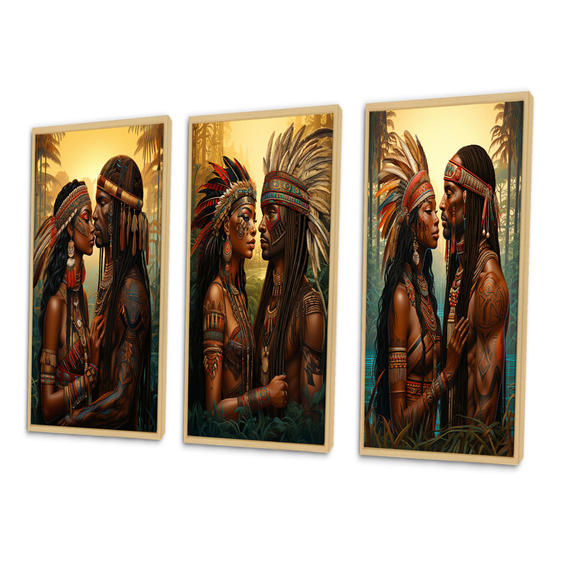 «Native Couple Celebrating Divine Love», 3 pièces, Cadre naturel flottant, H 32 po x l 48 po