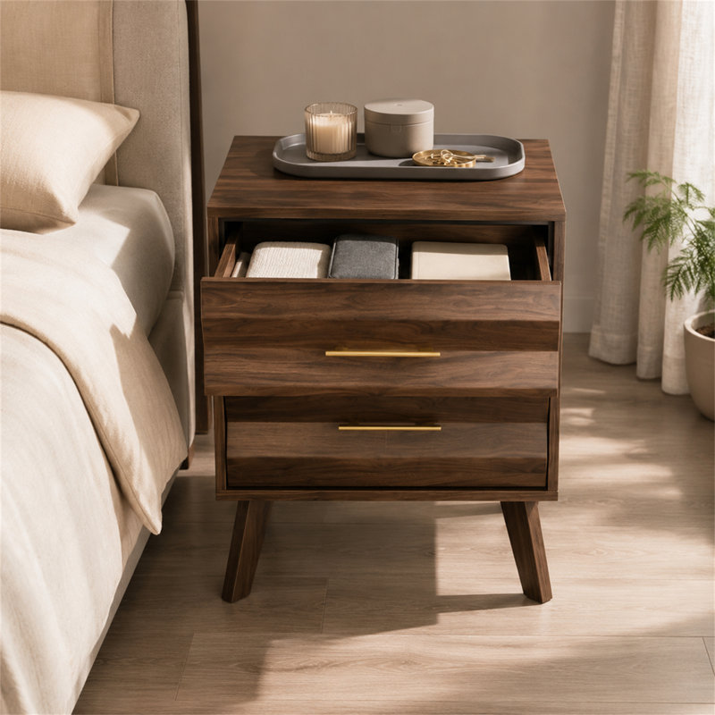 Table de chevet 2 tiroirs avec poignées en métal, armoire de chevet moderne de style Mid-Century, Noyer