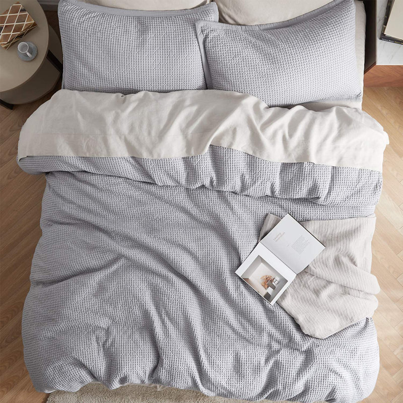 Essential Collection 100% Cotton Waffle Weave Duvet Cover Set, Gray, King Duvet Cover + 2 King Shams