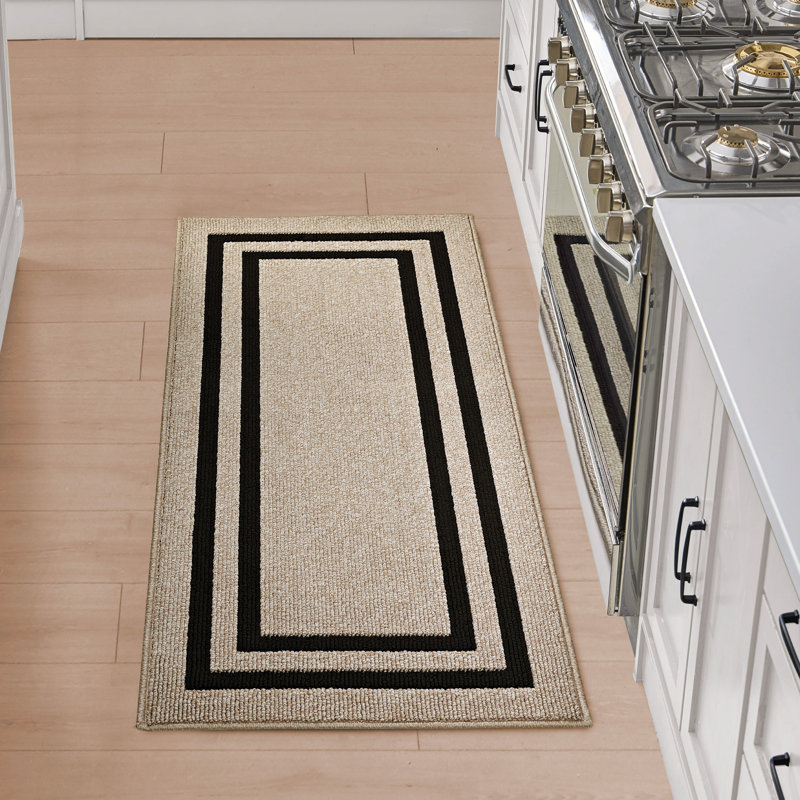 Double Border Machine Tufted Performance Natural Twist/Black Rug, Rectangle 2'2" x 6'
