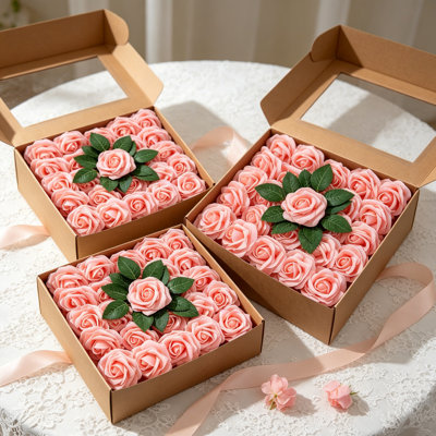75 pièces de roses artificielles en mousse rose avec tiges - Fleurs artificielles pour les bouquets de mariage, les centres de douche nuptiale, les décorations de table de fête des mères et les arrangements pour la maison