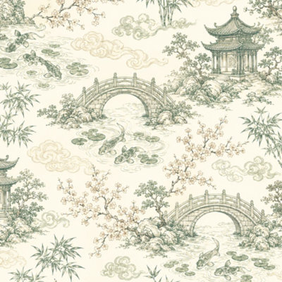 Rouleau de papier peint amovible à peler et coller, pagode verte de Chine, pont, palmiers, ornement floral l 17,7 po x H 118 po