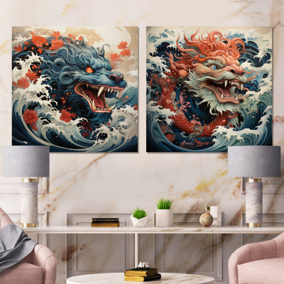 Vague de dragon japonais au large de Kanagawa IV - ensemble de 2 reproductions d'art sur toile