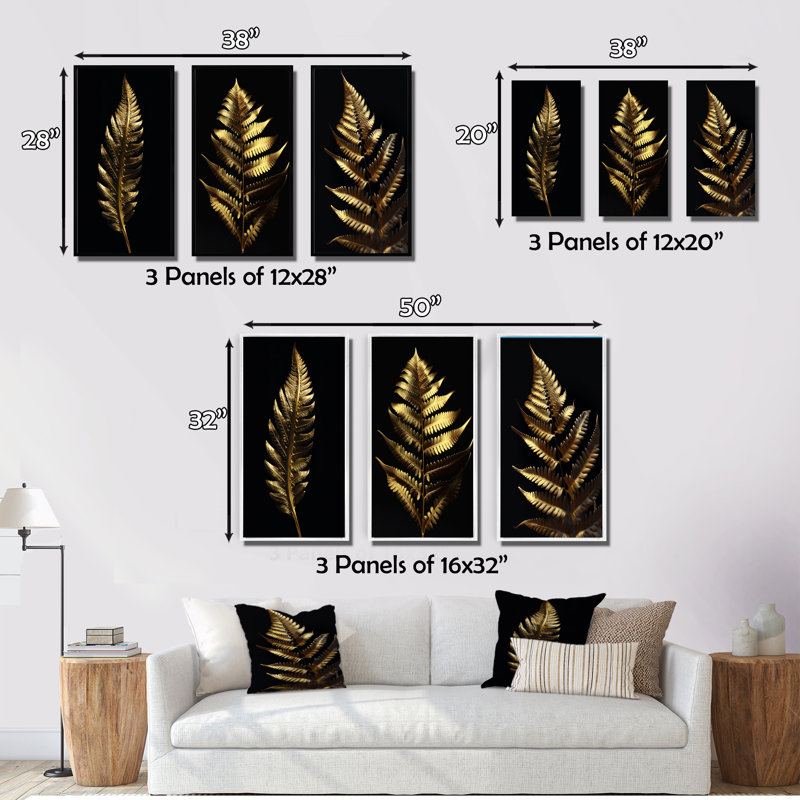 Golden Fern Leaf on Black IV - 3 pièces, Toile tendue, H 32 po x l 48 po