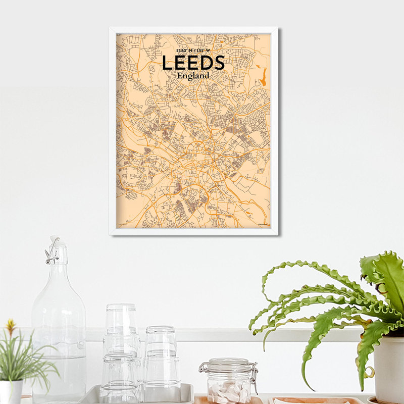 Carte de la ville de Leeds, impression, Orange / or pâle, H 20 po x l 16 po