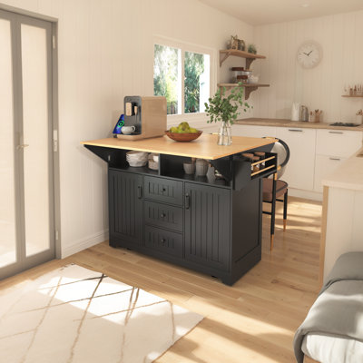 55.7" Rolling Kitchen Island with Power Outlet & Drop Leaf Breakfast Bar, Large Storage Trolley with 3 Drawers & Spice Rack