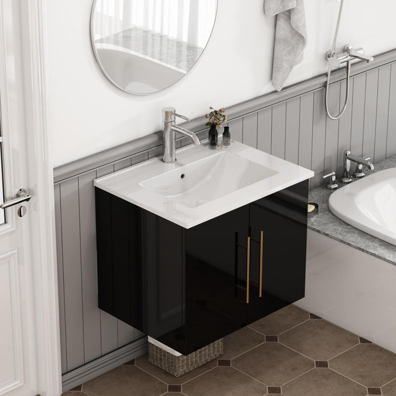 Meuble-lavabo mural double avec lavabo en céramique, Noir