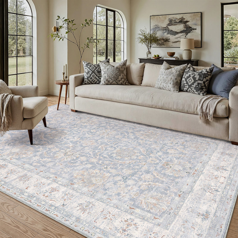 Quinn Vintage Washable Area Rug With Non-Slip Backing, Rectangle 6' x 9', Blue