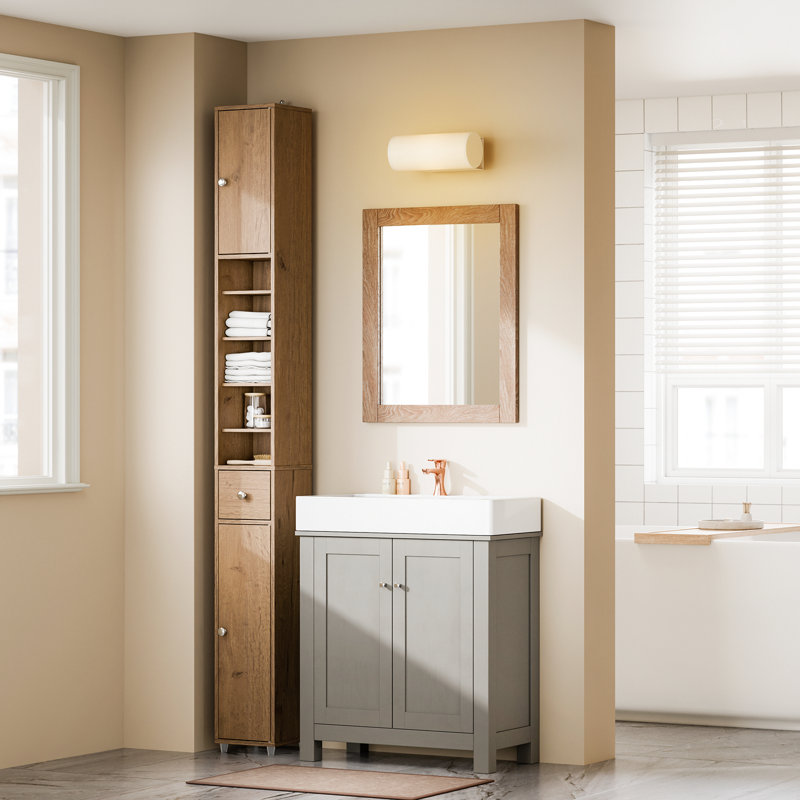 Bathroom Narrow Tall Storage Cabinet with 2 Doors, 1 Drawer, Natural, Natural