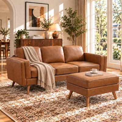 Mid-Century Modern 3-Piece Living Room Sofa Set, Includes 3-Seater Couch & Ottoman, Tapered Wood Legs