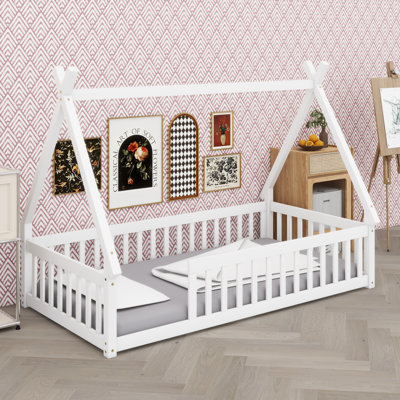 Playful Tent Design Floor Bed With Guardrails And Sturdy Slats